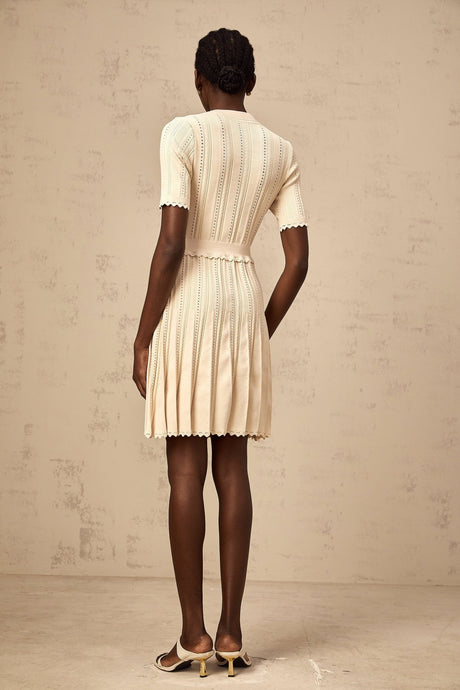 Katherine Mini Dress with Round Neck, Cinched Waist and Pleated Details