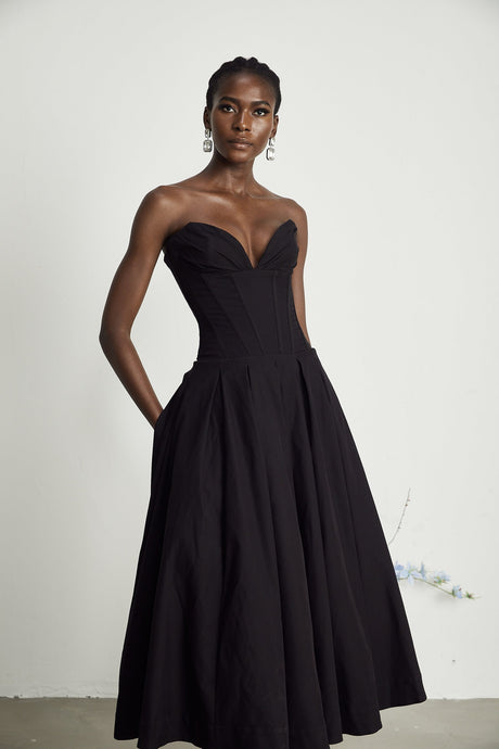 Katherine offshoulder corset midi dress in Black