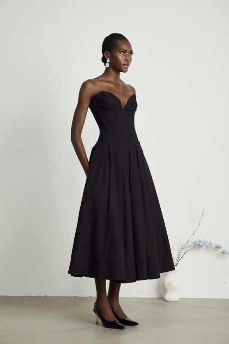 Katherine offshoulder corset midi dress in Black