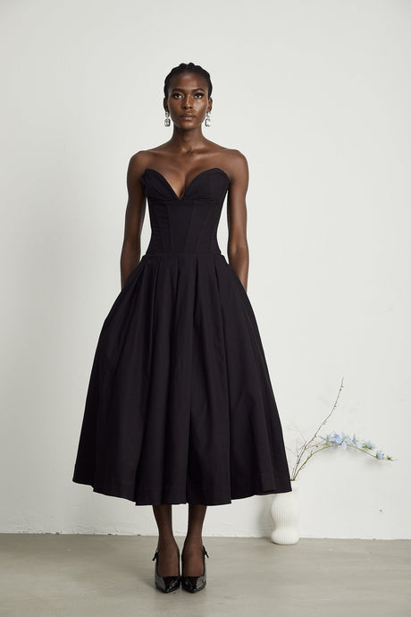 Katherine offshoulder corset midi dress in Black