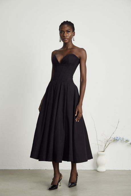 Katherine offshoulder corset midi dress in Black