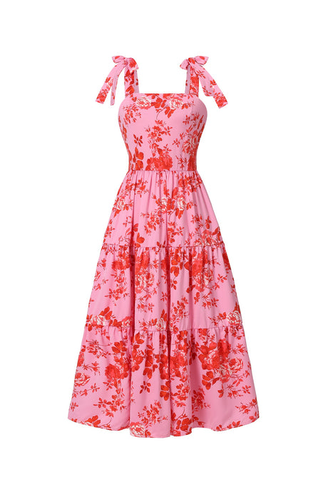 Katherine Pink Floral Tiered Midi Dress Lightweight Breathable Adjustable Tie Straps Garden Party Brunch Beachside Stroll Versatile Elegant Stylish