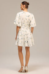 Katherine White Floral Print V-Neckline Puff Sleeve Dress