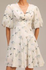 Katherine White Floral Print V-Neck Puff Sleeve Dress