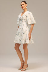 Katherine White Floral Print V-Neck Puff Sleeve Dress