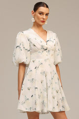 Katherine White Floral Print V-Neck Puff Sleeve Dress