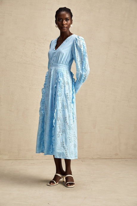 Kayla Midi Dress Blue Ruffled Balloon Sleeves Openwork Detailing Zip Back & Front Buttons