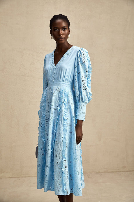 Kayla Midi Dress Blue Ruffled Balloon Sleeves Openwork Detailing Zip Back & Front Buttons