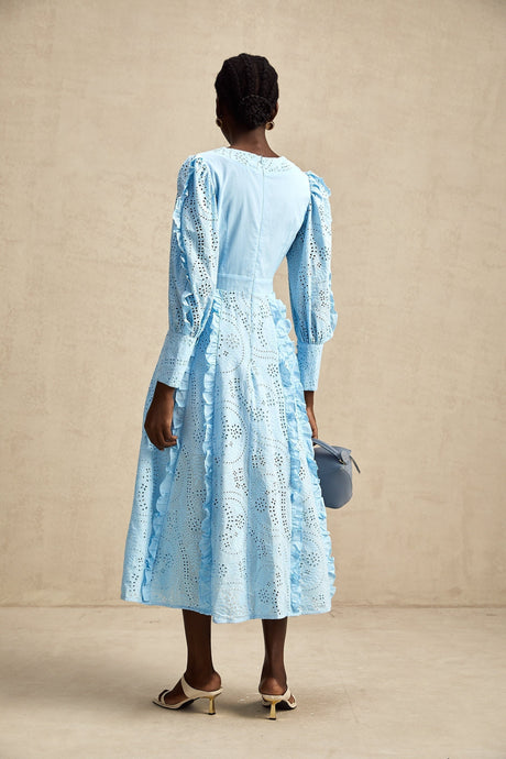 Kayla Midi Dress Blue Ruffled Balloon Sleeves Openwork Detailing Zip Back & Front Buttons