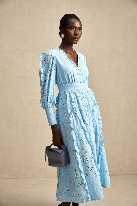 Kayla Midi Dress Blue Ruffled Balloon Sleeves Openwork Detailing Zip Back & Front Buttons