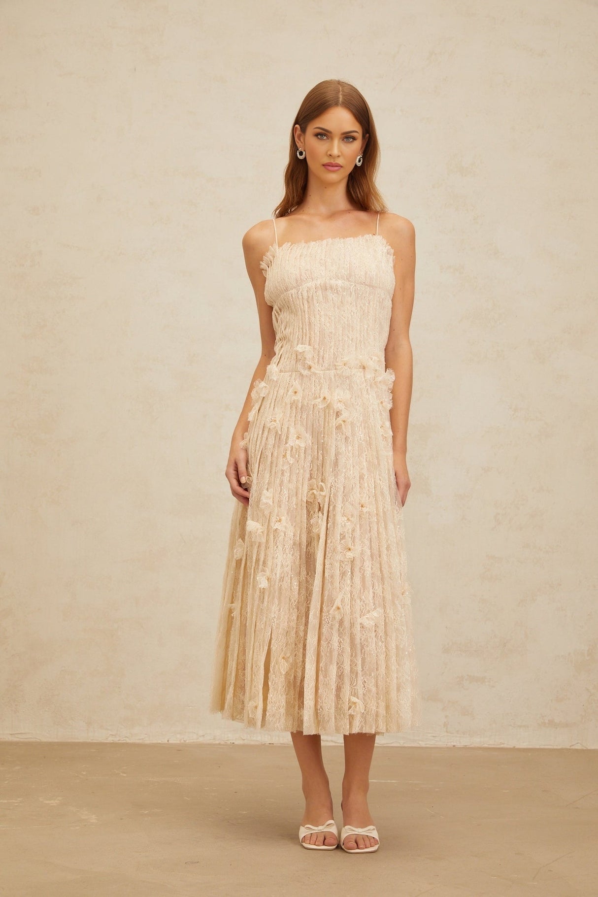 Kayla Midi Dress - Square Neck - Spaghetti Straps - Pleated Design - Bead & Sequin Detail - Floral Lace