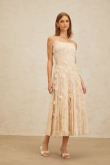 Kayla Midi Dress - Square Neck - Spaghetti Straps - Pleated Design - Bead & Sequin Detail - Floral Lace