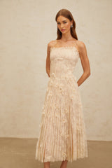 Kayla Midi Dress - Square Neck - Spaghetti Straps - Pleated Design - Bead & Sequin Detail - Floral Lace