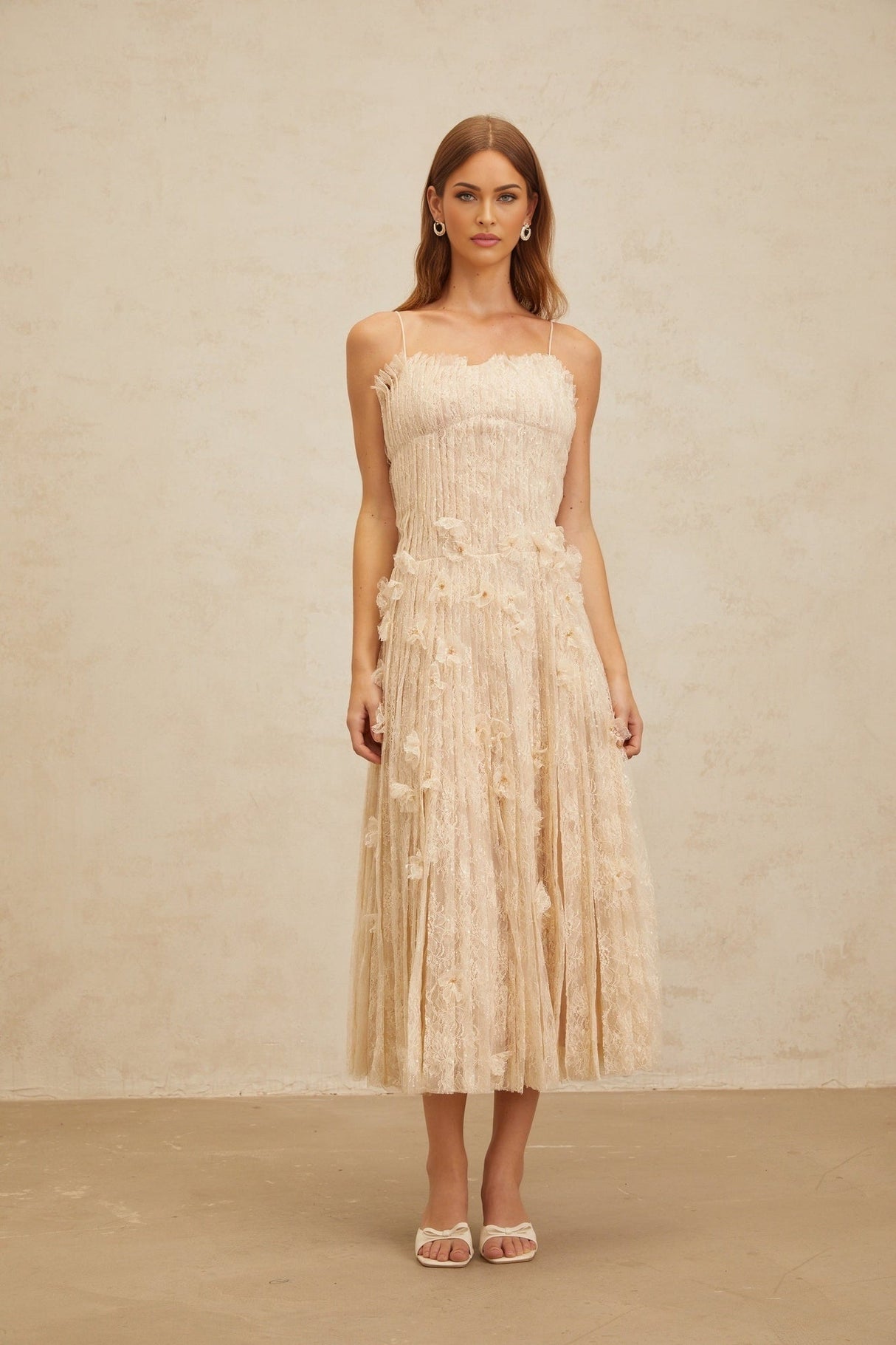 Kayla Midi Dress - Square Neck - Spaghetti Straps - Pleated Design - Bead & Sequin Detail - Floral Lace