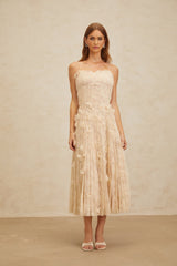 Kayla Midi Dress - Square Neck - Spaghetti Straps - Pleated Design - Bead & Sequin Detail - Floral Lace