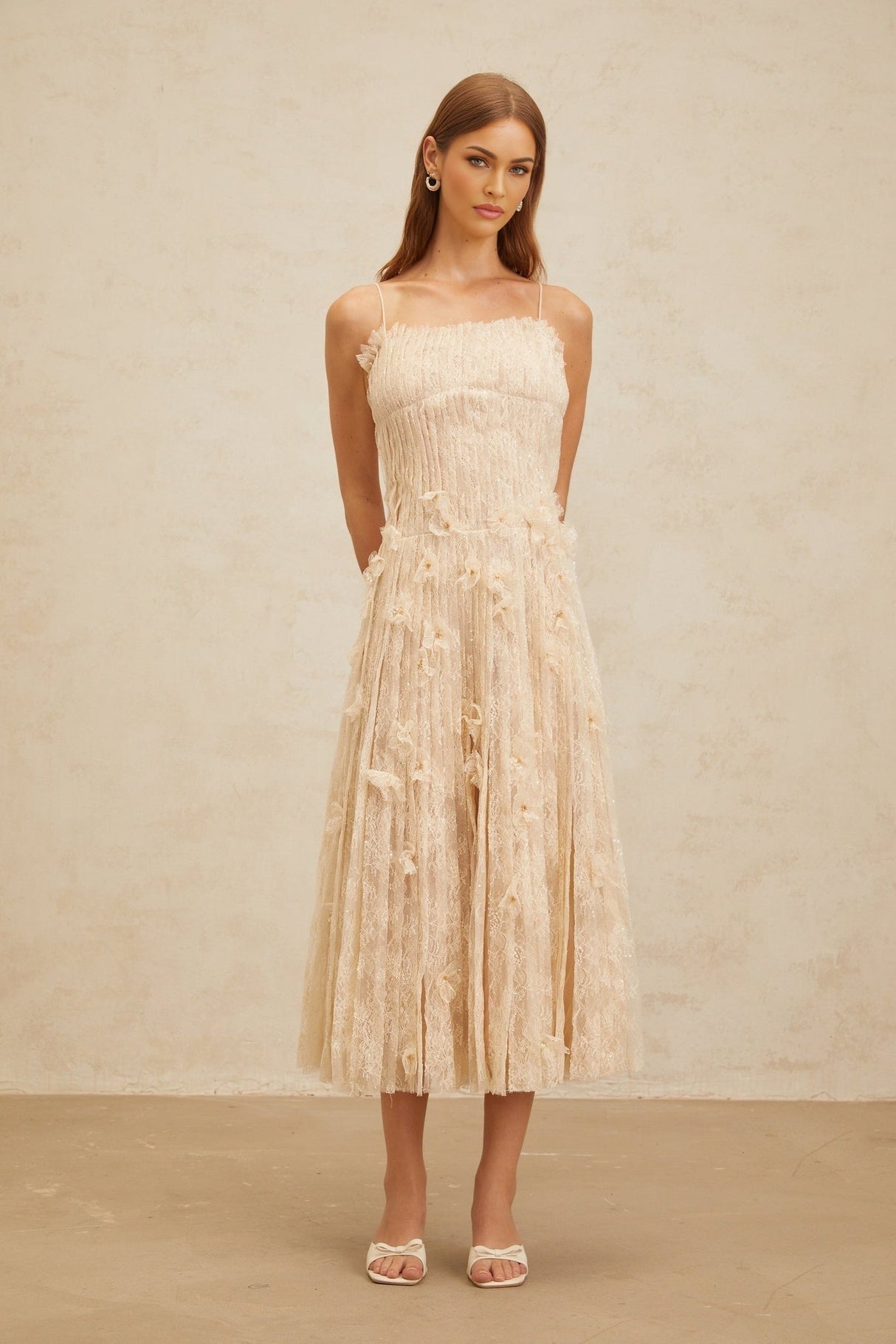 Kayla Midi Dress - Square Neck - Spaghetti Straps - Pleated Design - Bead & Sequin Detail - Floral Lace