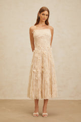 Kayla Midi Dress - Square Neck - Spaghetti Straps - Pleated Design - Bead & Sequin Detail - Floral Lace