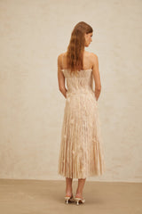 Kayla Midi Dress - Square Neck - Spaghetti Straps - Pleated Design - Bead & Sequin Detail - Floral Lace