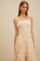 Kayla Midi Dress - Square Neck - Spaghetti Straps - Pleated Design - Bead & Sequin Detail - Floral Lace