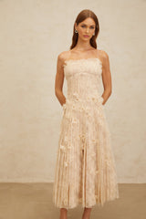 Kayla Midi Dress - Square Neck - Spaghetti Straps - Pleated Design - Bead & Sequin Detail - Floral Lace