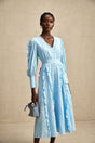 Kayla Midi Dress - V - neck - Long Balloon Sleeves - Ruffled and Open - work Detailing