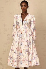 Kayla Midi Dress White Floral Print V - Neck Cinched Waist Puff Sleeves