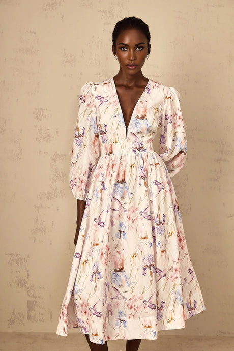 Kayla Midi Dress White Floral Print V - Neck Cinched Waist Puff Sleeves