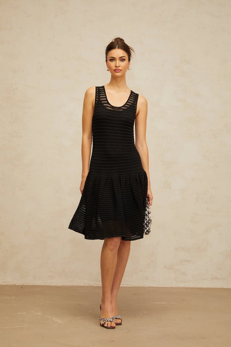 Kayla Mini Dress Black Flounced Knit & U - neck