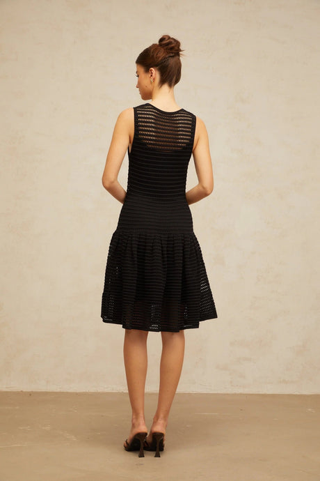 Kayla Mini Dress Black Flounced Knit & U - neck