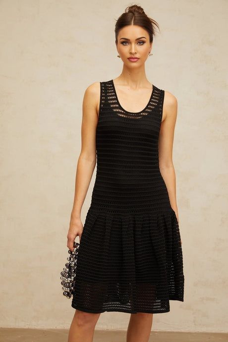 Kayla Mini Dress Black Flounced Knit & U - neck