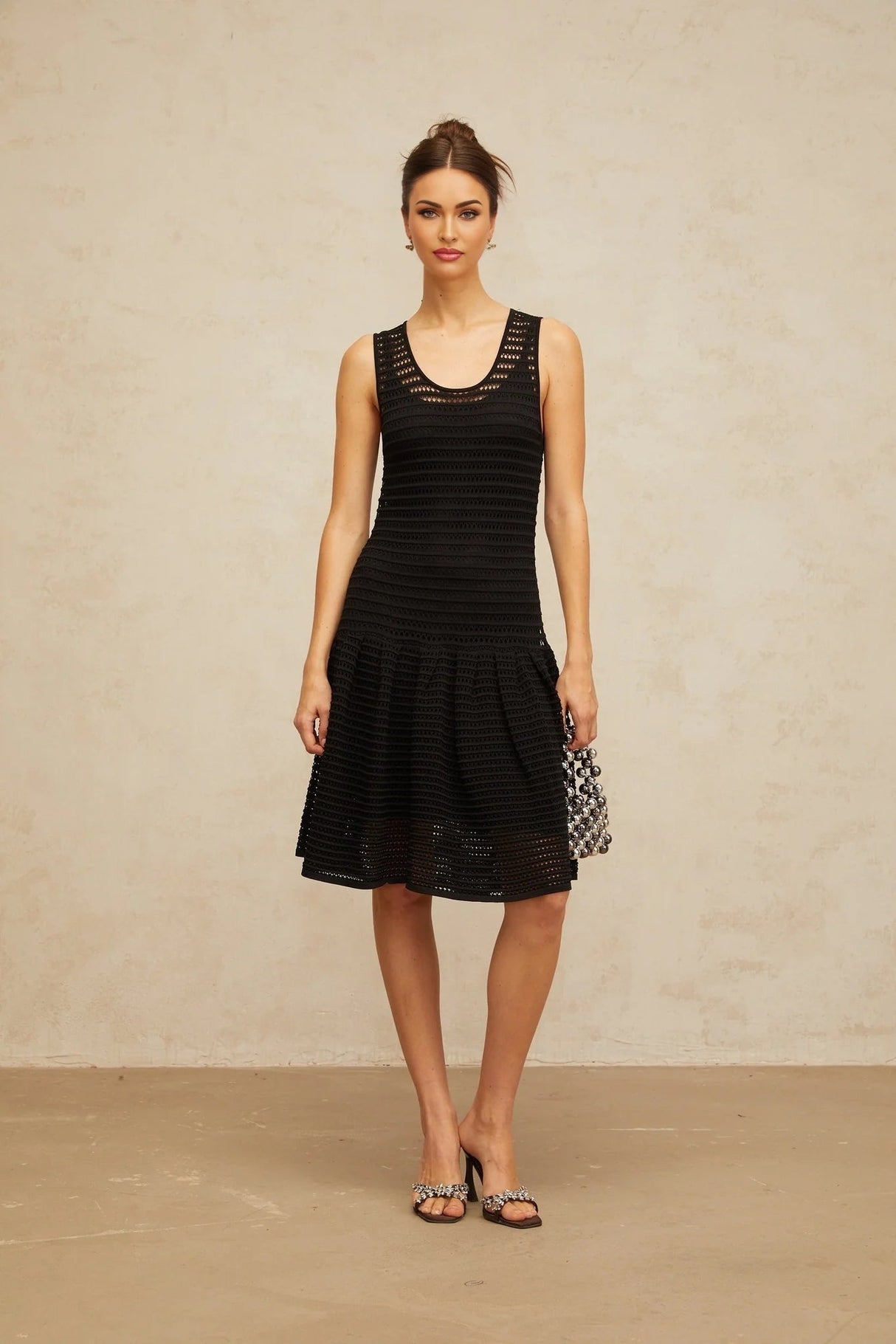 Kayla Mini Dress Black Flounced Knit & U - neck