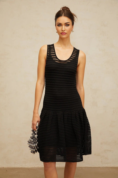 Kayla Mini Dress Black Flounced Knit & U - neck
