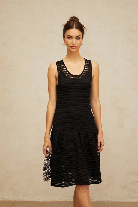 Kayla Mini Dress Black Flounced Knit & U - neck