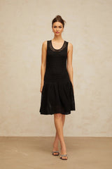 Kayla Mini Dress Black Flounced Knit & U - neck