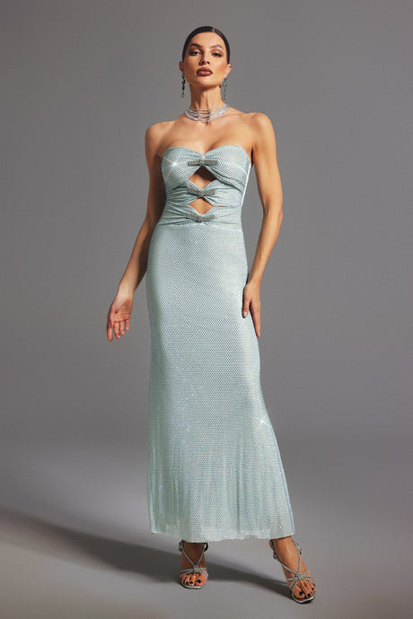 Kayla Silver Strapless Bow Detail Maxi Dress