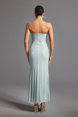 Kayla Silver Strapless Maxi Dress with Bow Detailing and Cut-Out Accents