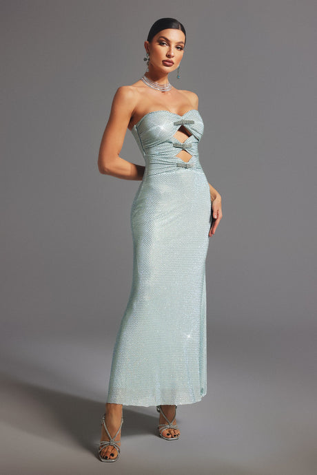 Kayla Silver Strapless Maxi Dress with Bow Detailing and Cut-Out Accents