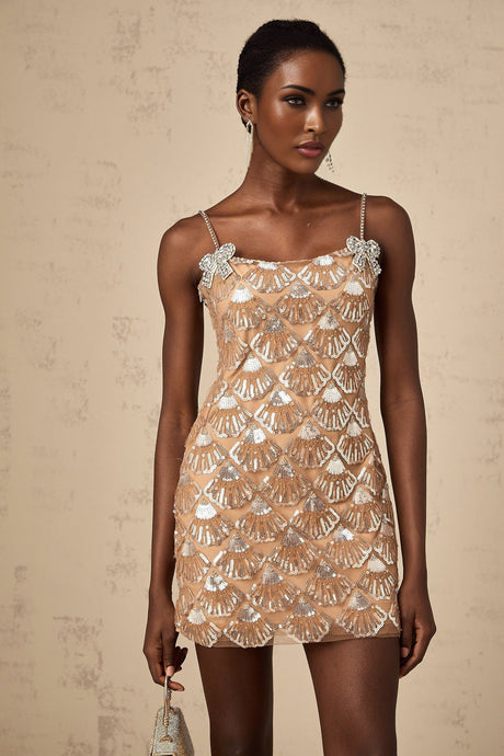 Kayleigh Mini Dress - Sleeveless Square Neck Sequin Bow Embellishment