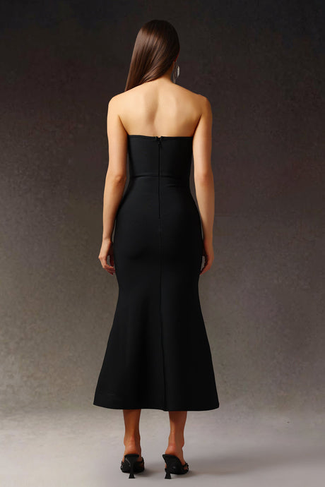 Kaylie Black V-Neckline Fitted Silhouette Shimmering Embellishments Fish Tail Design Evening Dress