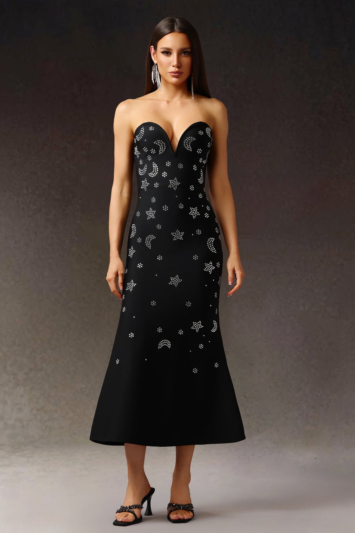 Kaylie Black Embellished V-Neck Fishtail Dress