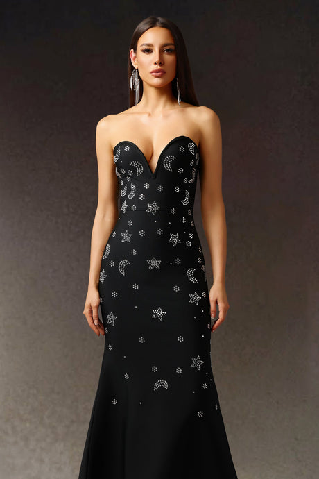 Kaylie Black Embellished V-Neck Fishtail Dress