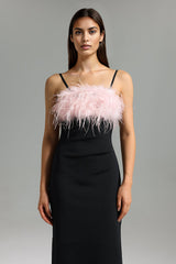Kaylie Black Maxi Dress with Feather Detailing and Side Slit for Formal Events and Parties