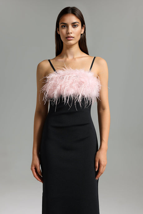 Kaylie Black Maxi Dress with Feather Detailing and Side Slit for Formal Events and Parties