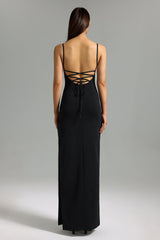 Kaylie Black Maxi Dress with Feather Detailing and Side Slit for Upscale Occasions