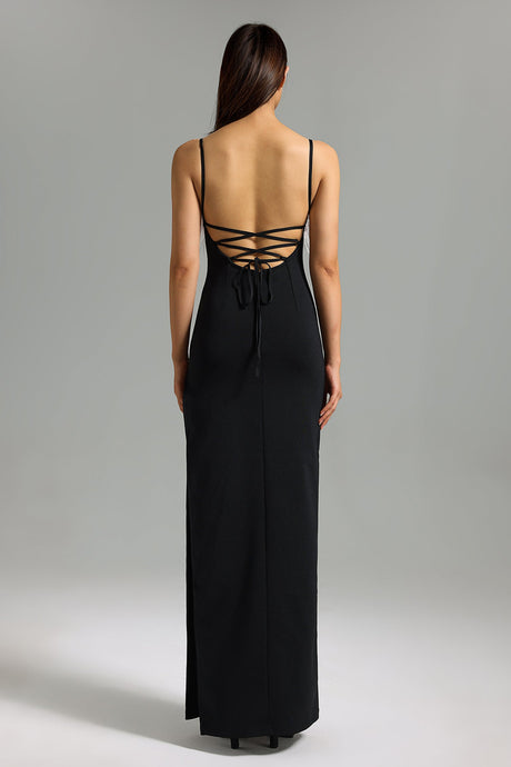 Kaylie Black Maxi Dress with Feather Detailing and Side Slit for Upscale Occasions