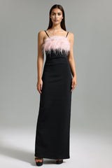 Kaylie Black Maxi Dress with Feather Detailing and Side Slit for Upscale Occasions
