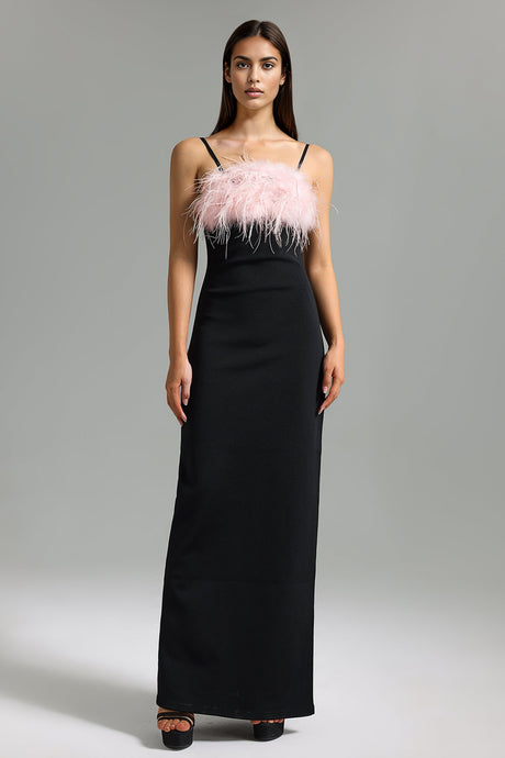 Kaylie Black Maxi Dress with Feather Detailing and Side Slit for Upscale Occasions