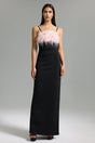 Kaylie Black Maxi Dress with Feather Detailing and Side Slit for Upscale Occasions