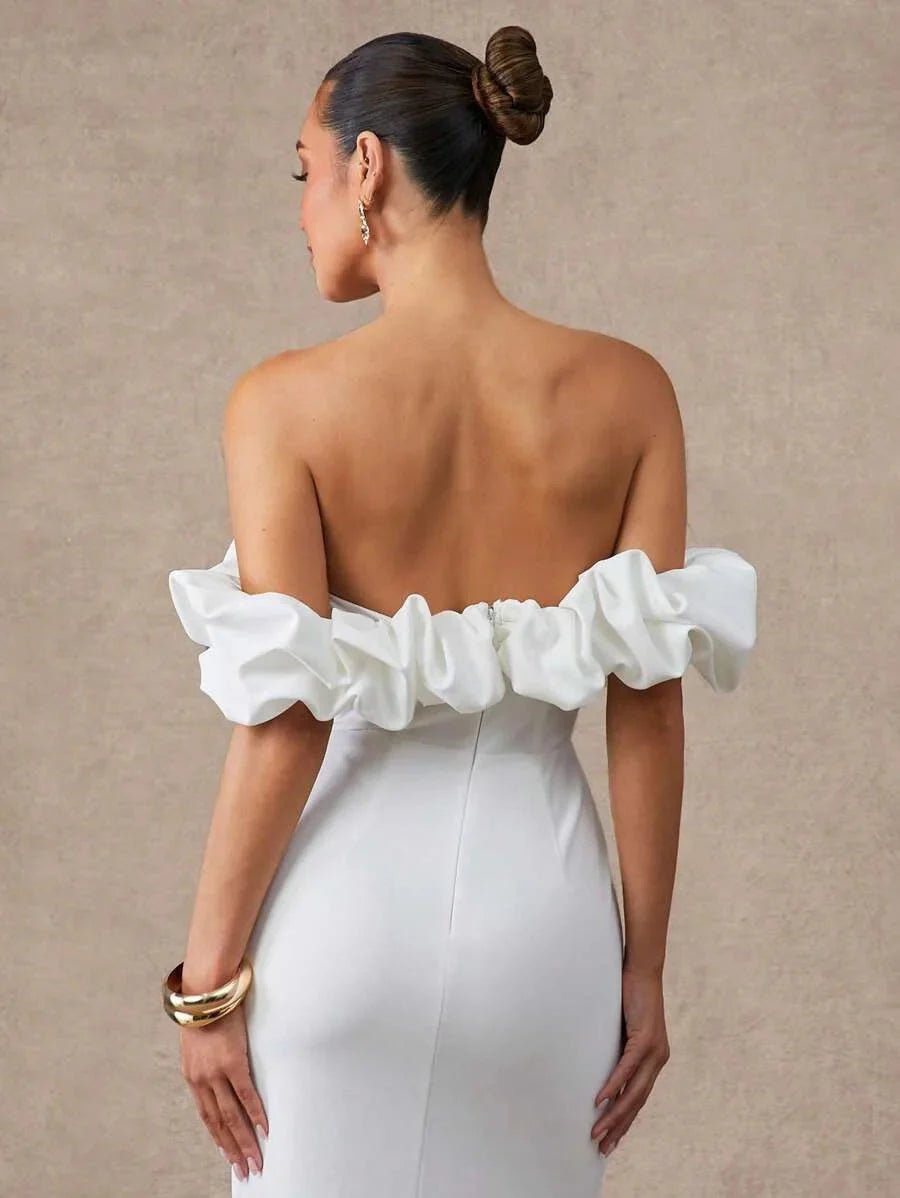 Kaylie Midi Dress - Off The Shoulder - Wedding Ready - High Waist - Bodycon Fit - Ruffle Detail