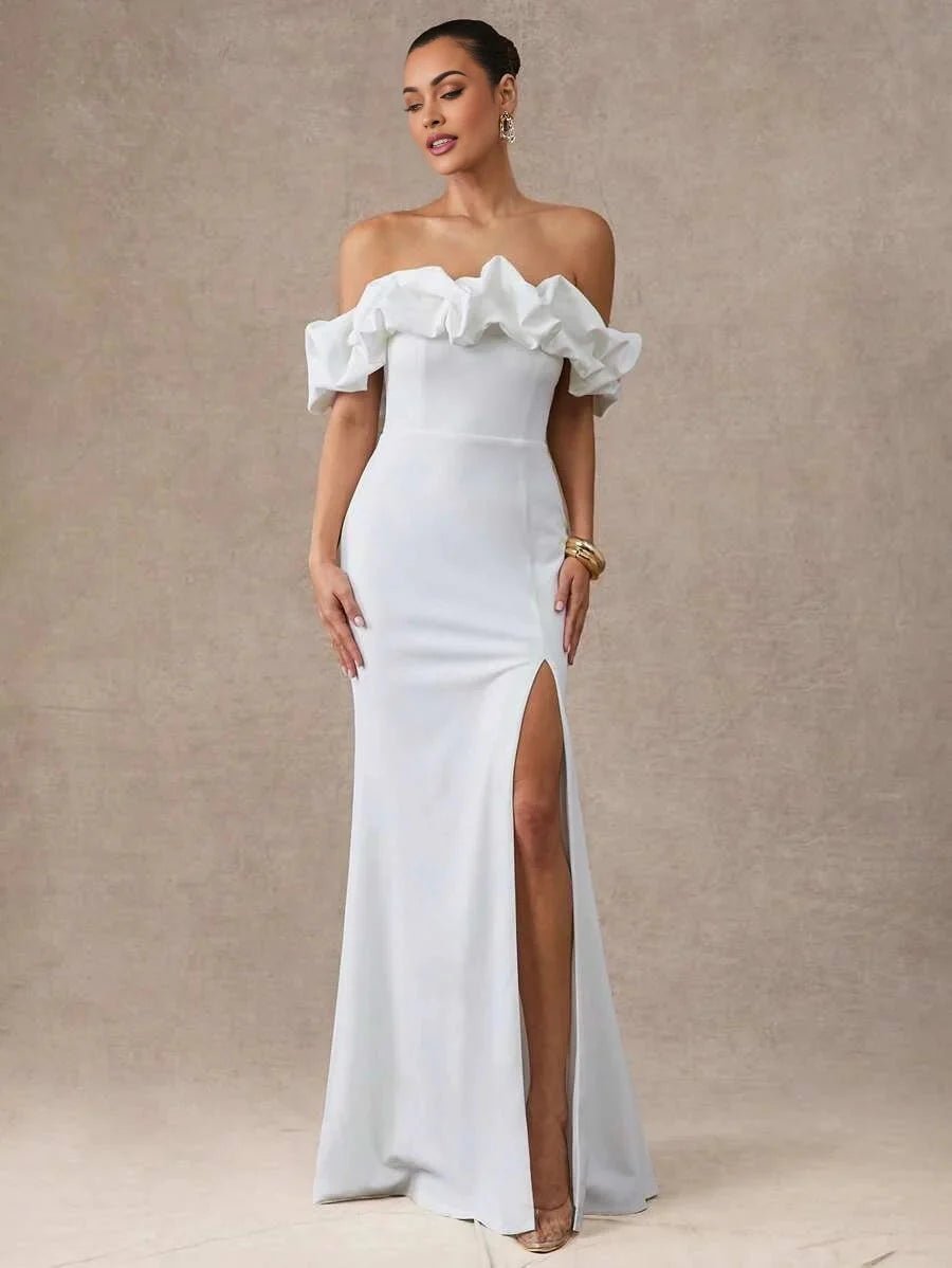 Kaylie Midi Dress - Off The Shoulder - Wedding Ready - High Waist - Bodycon Fit - Ruffle Detail